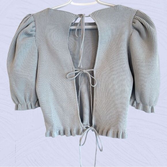 Zara baby blue cropped ribbed knit puff sleeve open back top - Picture 7 of 11